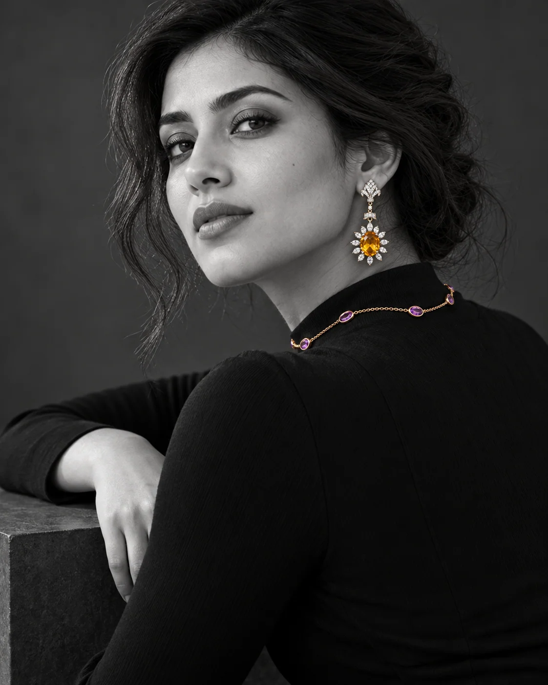 NOIR: a monochrome portrait with coloured jewellery